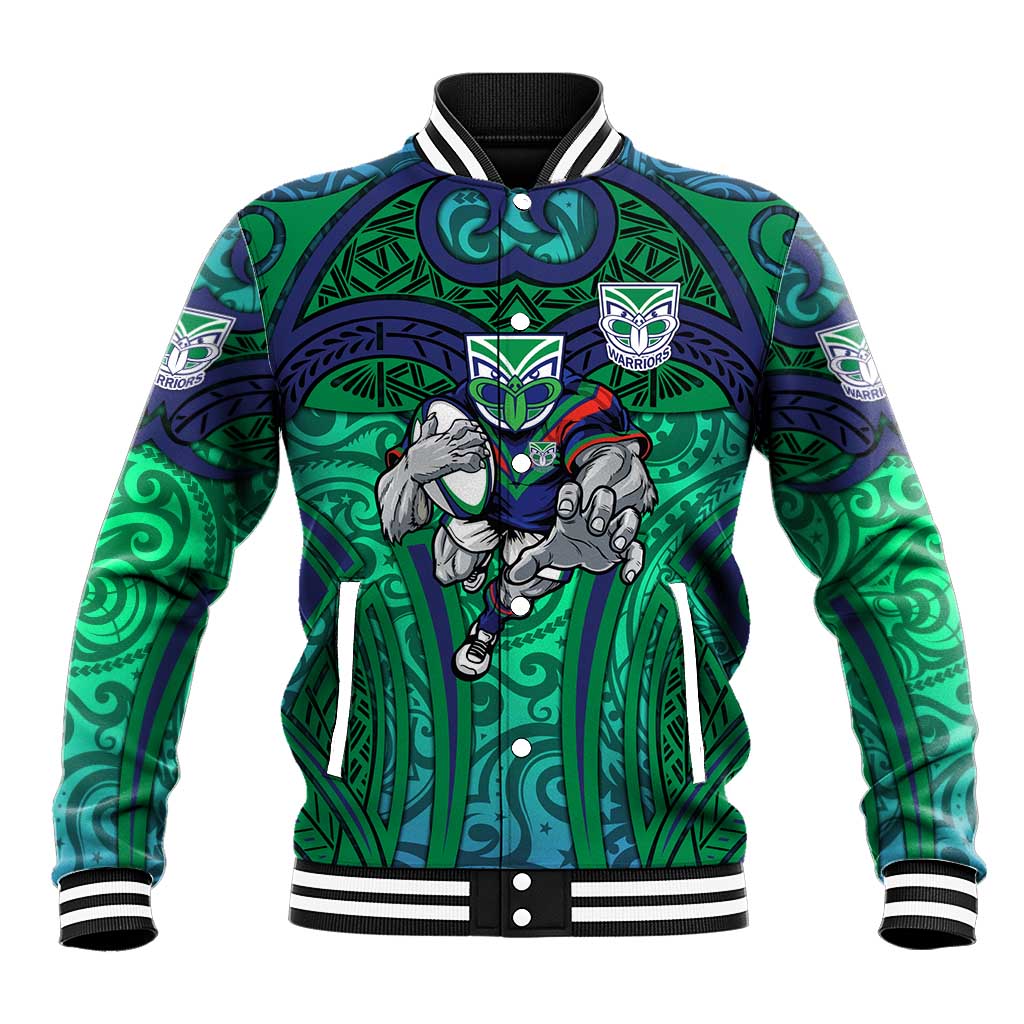 New Zealand Warriors Rugby Baseball Jacket Polynesian Tribal Warrior Mask Green Blue Pattern