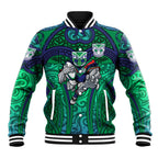 New Zealand Warriors Rugby Baseball Jacket Polynesian Tribal Warrior Mask Green Blue Pattern