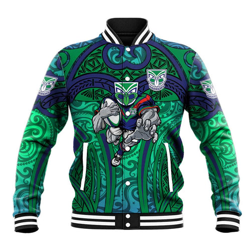 New Zealand Warriors Rugby Baseball Jacket Polynesian Tribal Warrior Mask Green Blue Pattern