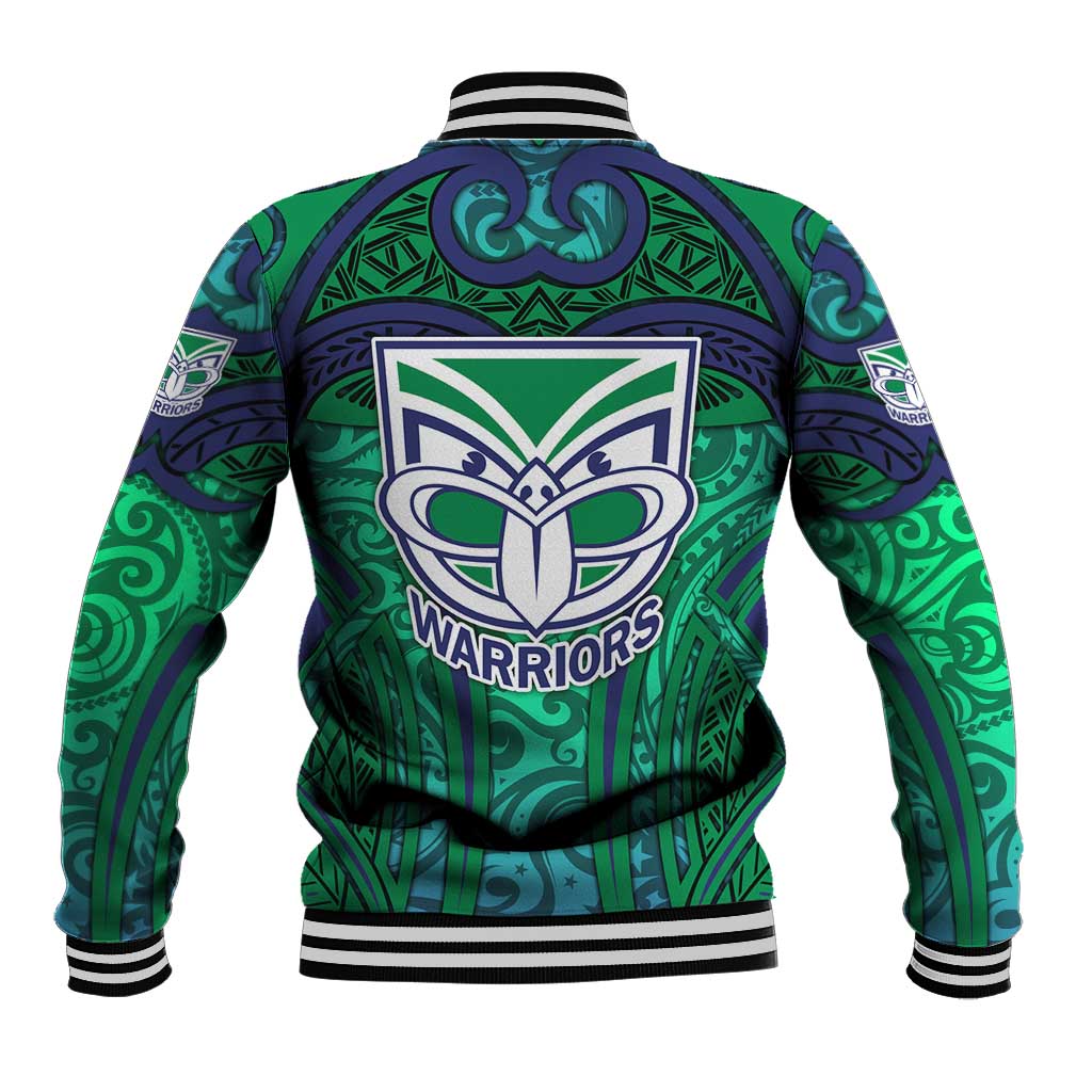 New Zealand Warriors Rugby Baseball Jacket Polynesian Tribal Warrior Mask Green Blue Pattern