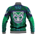 New Zealand Warriors Rugby Baseball Jacket Polynesian Tribal Warrior Mask Green Blue Pattern