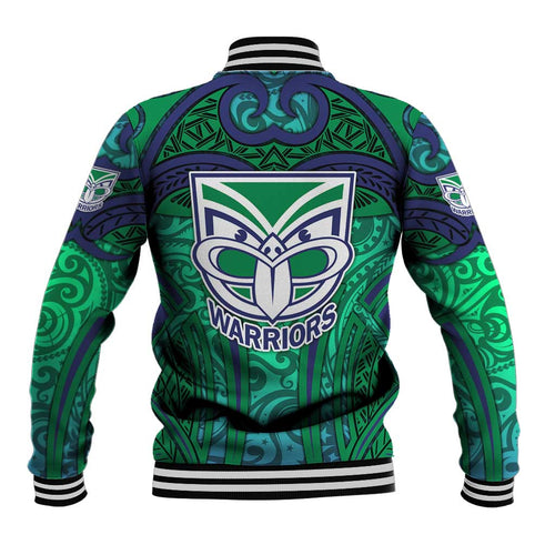 New Zealand Warriors Rugby Baseball Jacket Polynesian Tribal Warrior Mask Green Blue Pattern