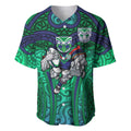 New Zealand Warriors Rugby Baseball Jersey Polynesian Tribal Warrior Mask Green Blue Pattern