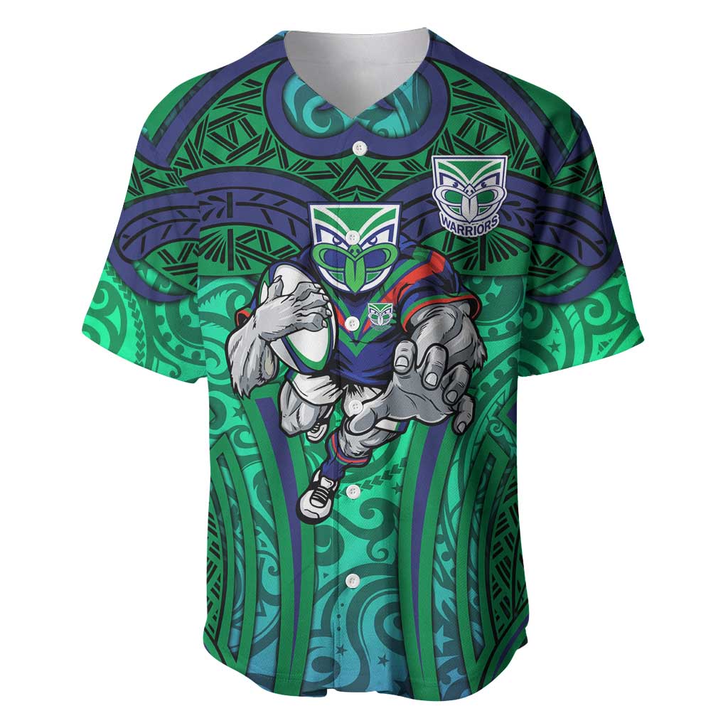 New Zealand Warriors Rugby Baseball Jersey Polynesian Tribal Warrior Mask Green Blue Pattern