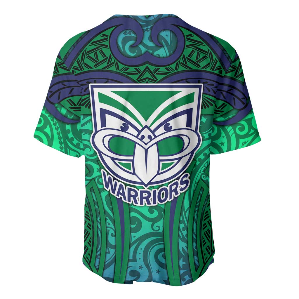 New Zealand Warriors Rugby Baseball Jersey Polynesian Tribal Warrior Mask Green Blue Pattern