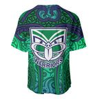 New Zealand Warriors Rugby Baseball Jersey Polynesian Tribal Warrior Mask Green Blue Pattern