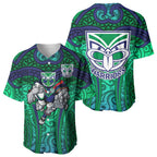New Zealand Warriors Rugby Baseball Jersey Polynesian Tribal Warrior Mask Green Blue Pattern