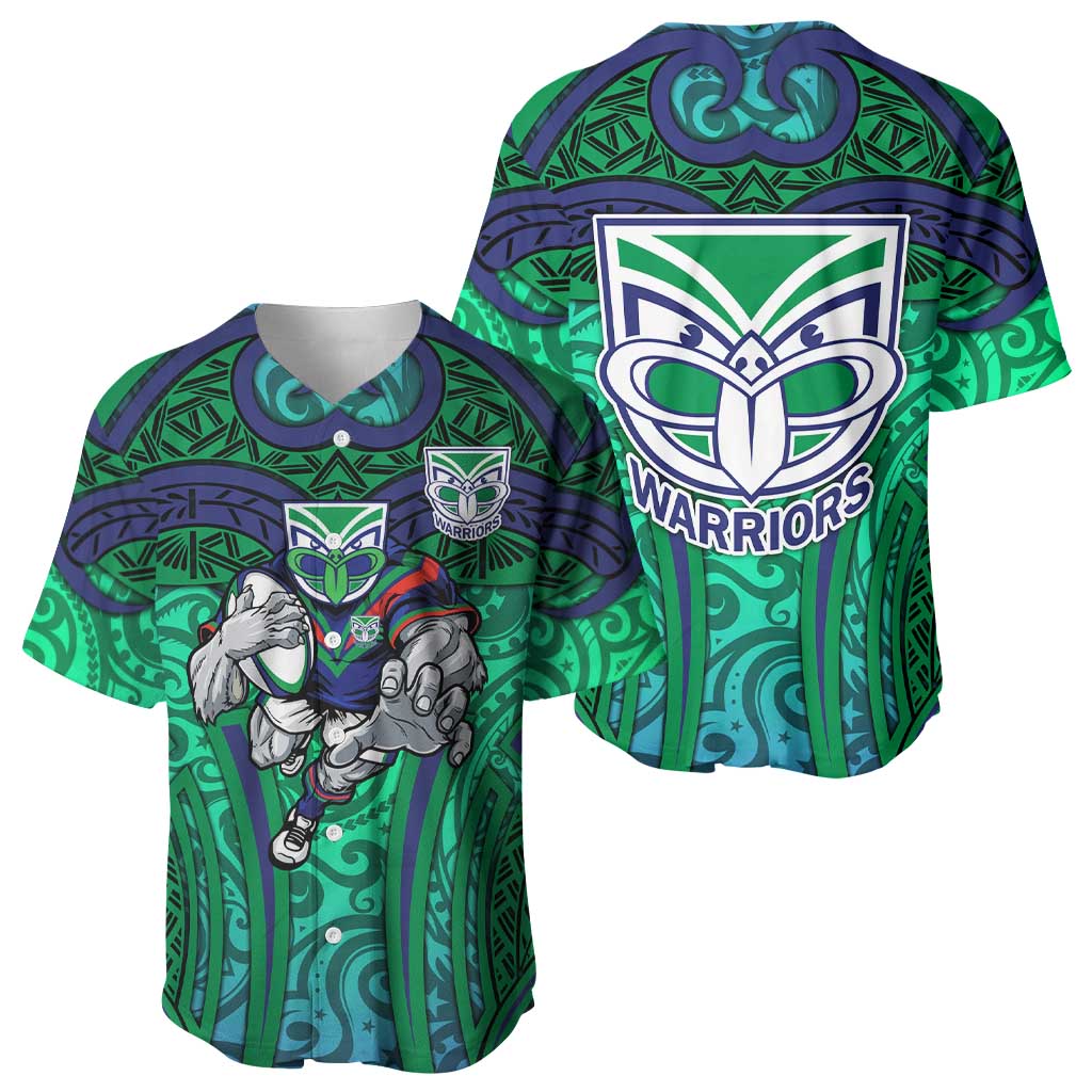 New Zealand Warriors Rugby Baseball Jersey Polynesian Tribal Warrior Mask Green Blue Pattern