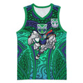 New Zealand Warriors Rugby Basketball Jersey Polynesian Tribal Warrior Mask Green Blue Pattern