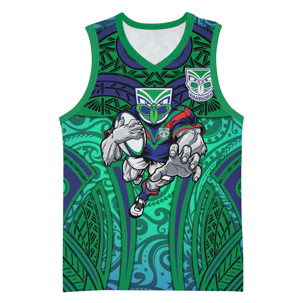 New Zealand Warriors Rugby Basketball Jersey Polynesian Tribal Warrior Mask Green Blue Pattern