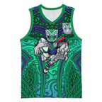 New Zealand Warriors Rugby Basketball Jersey Polynesian Tribal Warrior Mask Green Blue Pattern