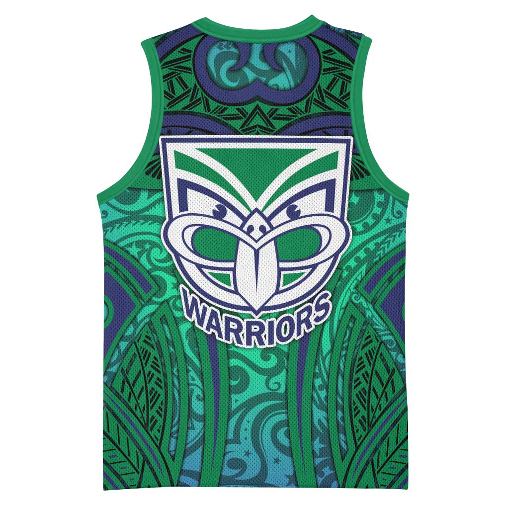 New Zealand Warriors Rugby Basketball Jersey Polynesian Tribal Warrior Mask Green Blue Pattern