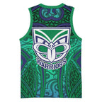 New Zealand Warriors Rugby Basketball Jersey Polynesian Tribal Warrior Mask Green Blue Pattern
