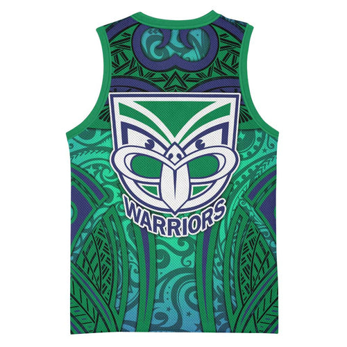 New Zealand Warriors Rugby Basketball Jersey Polynesian Tribal Warrior Mask Green Blue Pattern