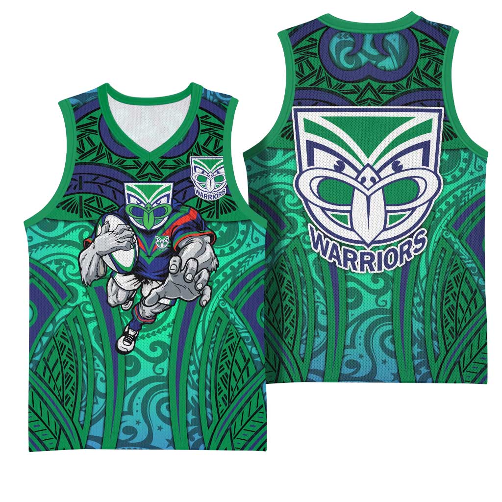 New Zealand Warriors Rugby Basketball Jersey Polynesian Tribal Warrior Mask Green Blue Pattern