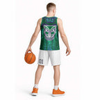 New Zealand Warriors Rugby Basketball Jersey Polynesian Tribal Warrior Mask Green Blue Pattern