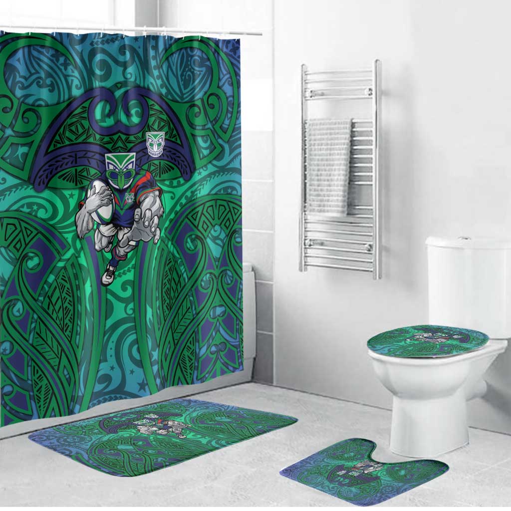 New Zealand Warriors Rugby Bathroom Set Polynesian Tribal Warrior Mask Green Blue Pattern
