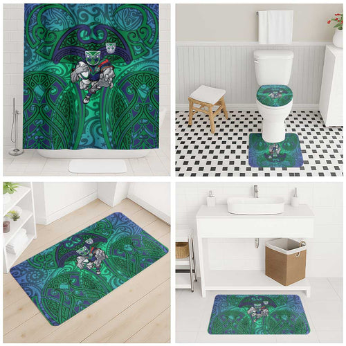 New Zealand Warriors Rugby Bathroom Set Polynesian Tribal Warrior Mask Green Blue Pattern