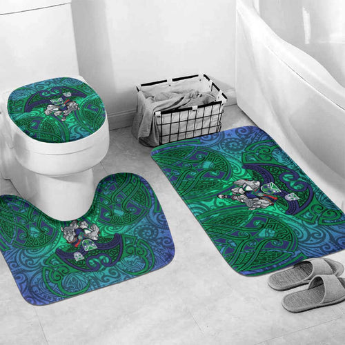 New Zealand Warriors Rugby Bathroom Set Polynesian Tribal Warrior Mask Green Blue Pattern