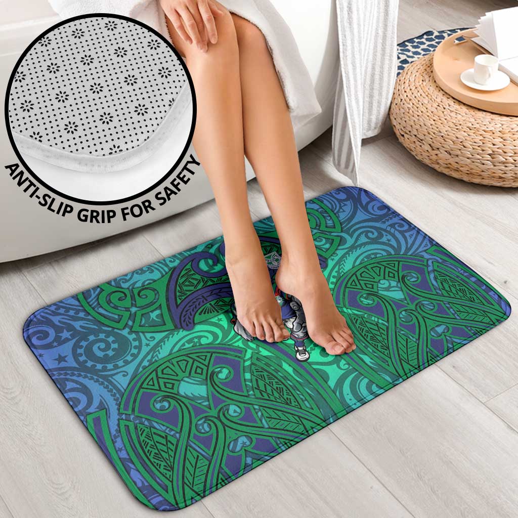 New Zealand Warriors Rugby Bathroom Set Polynesian Tribal Warrior Mask Green Blue Pattern