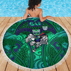New Zealand Warriors Rugby Beach Blanket Polynesian Tribal Warrior Mask Green Blue Pattern