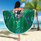 New Zealand Warriors Rugby Beach Blanket Polynesian Tribal Warrior Mask Green Blue Pattern