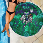 New Zealand Warriors Rugby Beach Blanket Polynesian Tribal Warrior Mask Green Blue Pattern