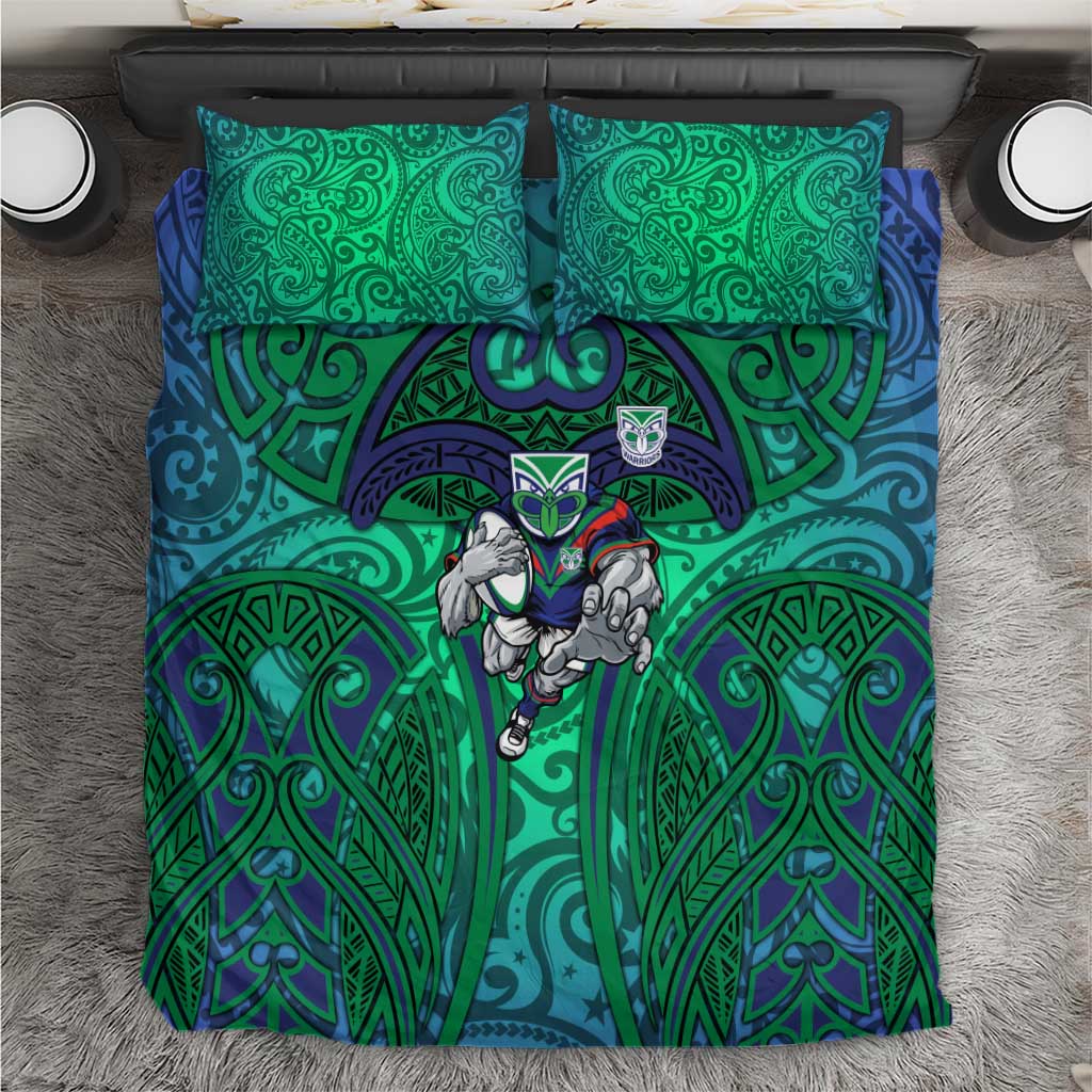 New Zealand Warriors Rugby Bedding Set Polynesian Tribal Warrior Mask Green Blue Pattern