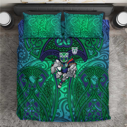 New Zealand Warriors Rugby Bedding Set Polynesian Tribal Warrior Mask Green Blue Pattern