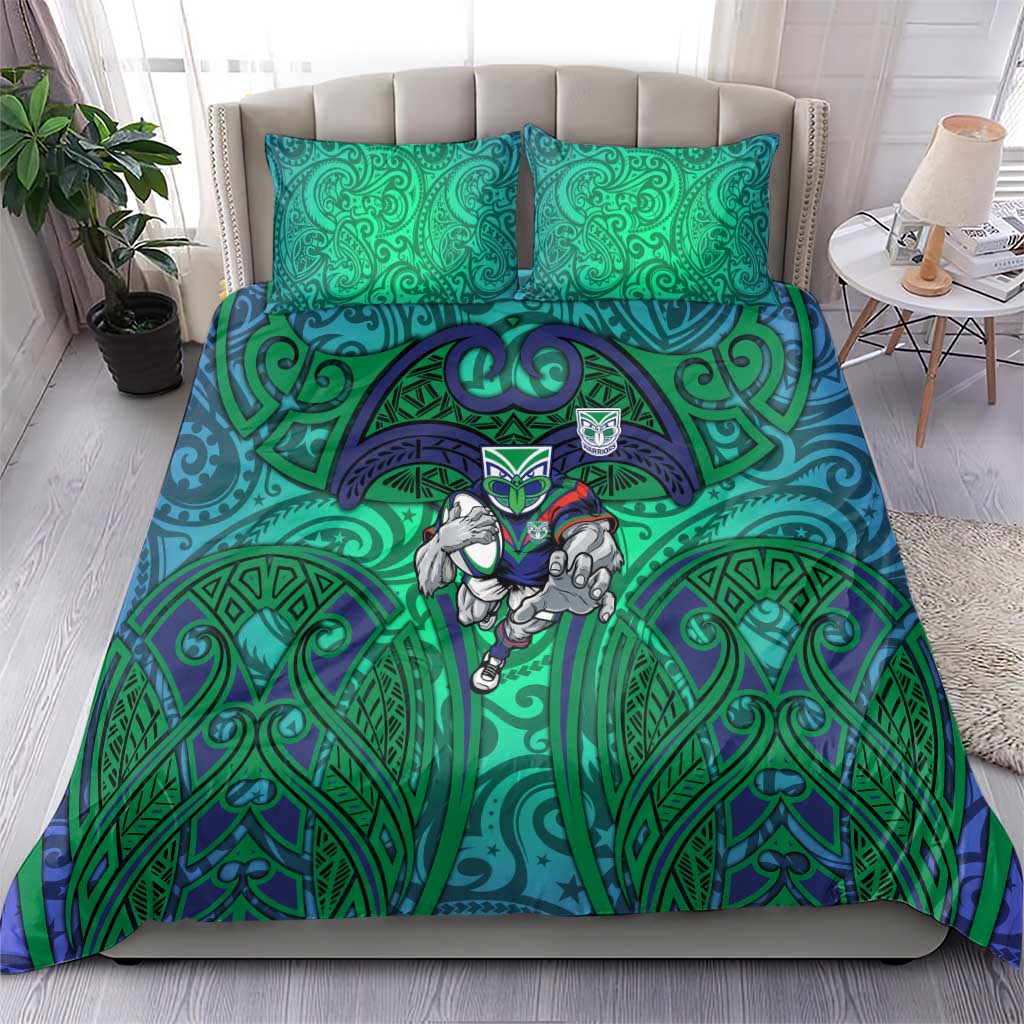 New Zealand Warriors Rugby Bedding Set Polynesian Tribal Warrior Mask Green Blue Pattern