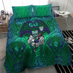 New Zealand Warriors Rugby Bedding Set Polynesian Tribal Warrior Mask Green Blue Pattern
