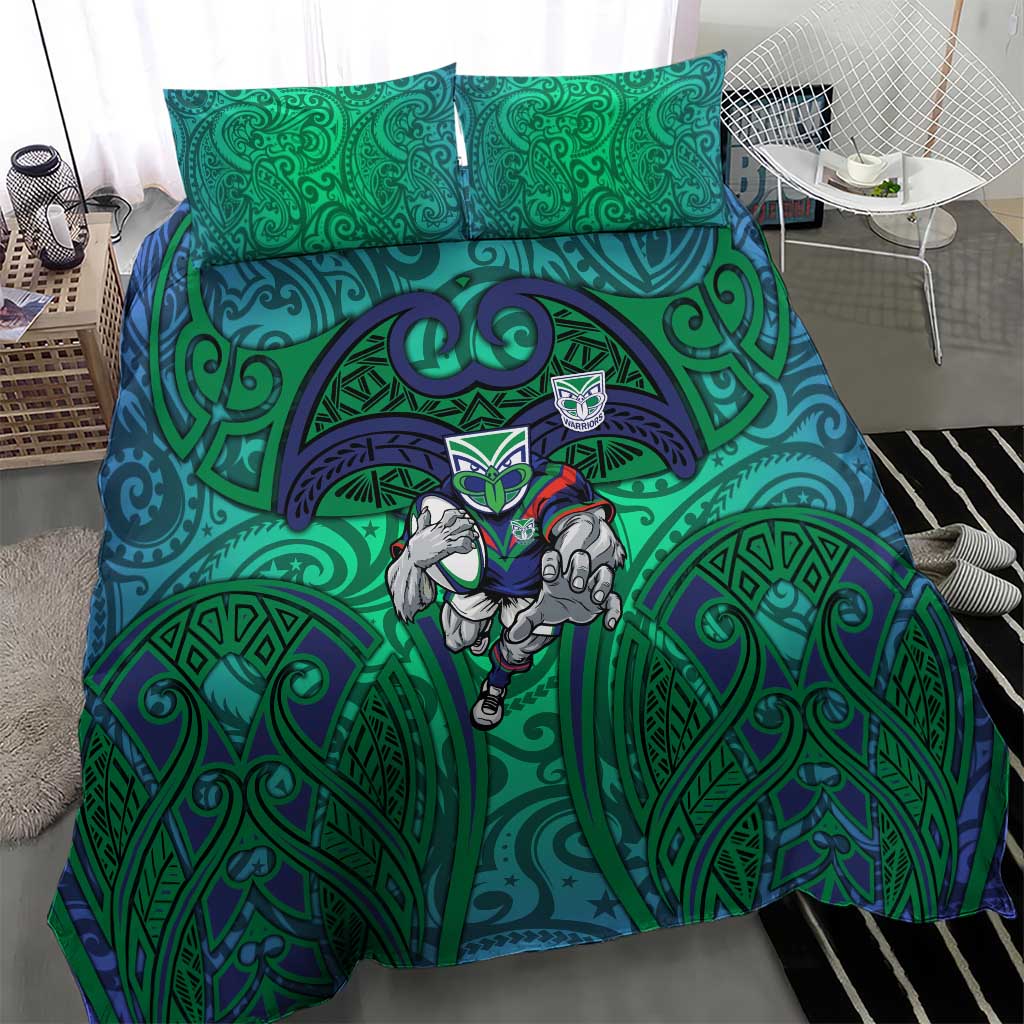 New Zealand Warriors Rugby Bedding Set Polynesian Tribal Warrior Mask Green Blue Pattern