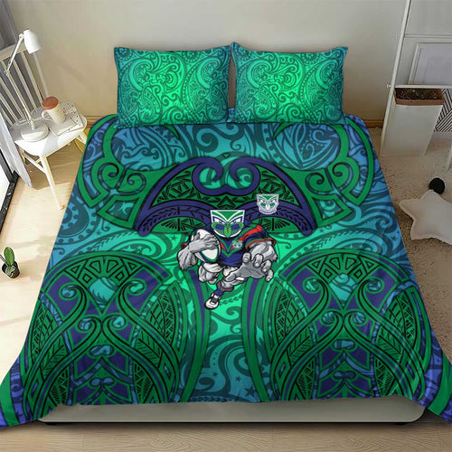 New Zealand Warriors Rugby Bedding Set Polynesian Tribal Warrior Mask Green Blue Pattern