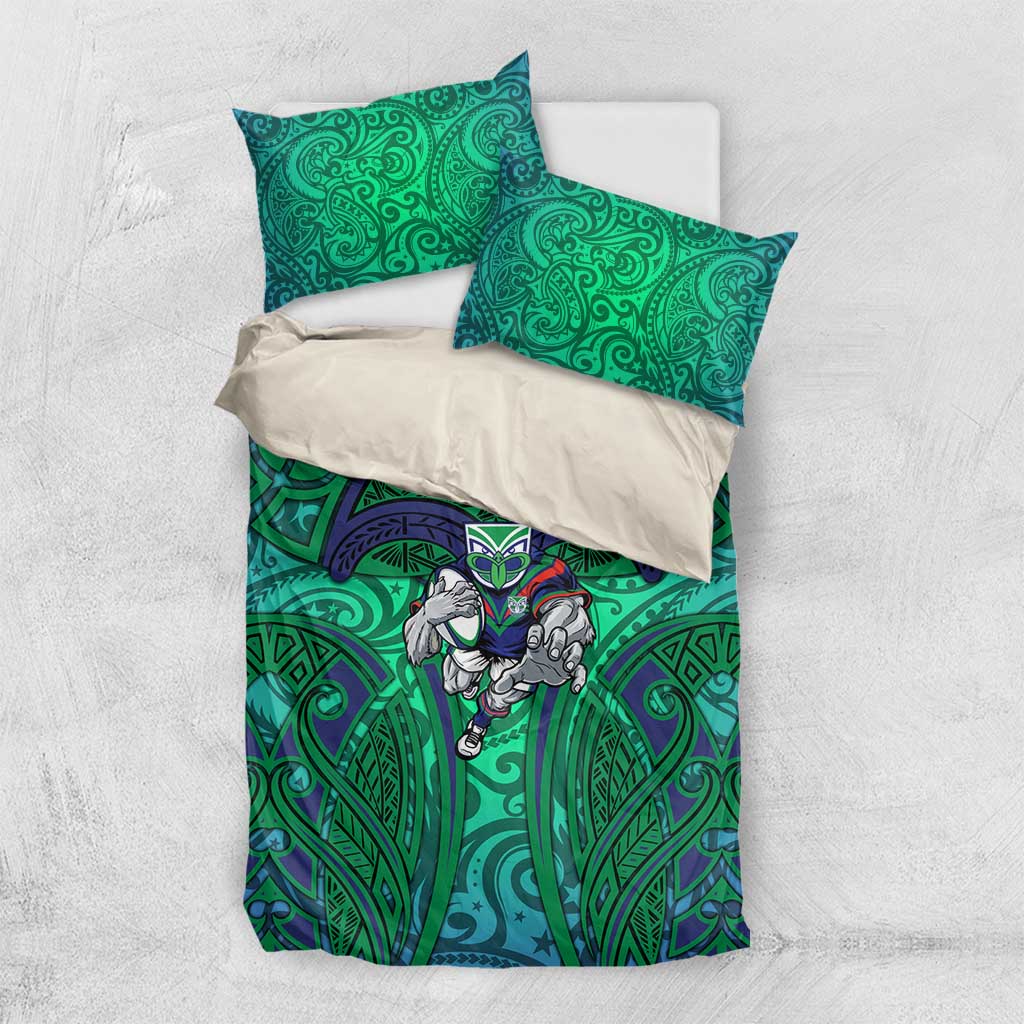 New Zealand Warriors Rugby Bedding Set Polynesian Tribal Warrior Mask Green Blue Pattern