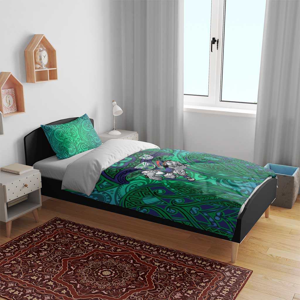 New Zealand Warriors Rugby Bedding Set Polynesian Tribal Warrior Mask Green Blue Pattern