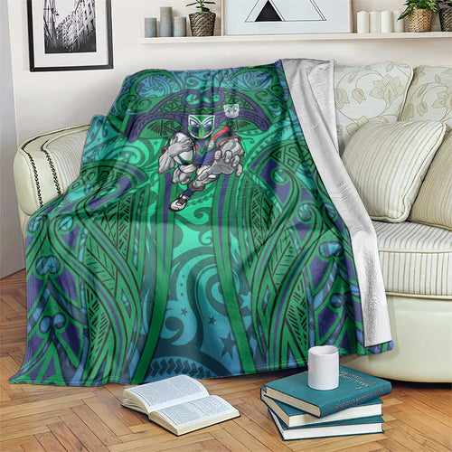 New Zealand Warriors Rugby Blanket Polynesian Tribal Warrior Mask Green Blue Pattern
