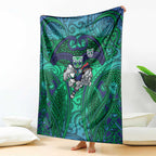New Zealand Warriors Rugby Blanket Polynesian Tribal Warrior Mask Green Blue Pattern