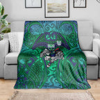 New Zealand Warriors Rugby Blanket Polynesian Tribal Warrior Mask Green Blue Pattern