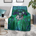 New Zealand Warriors Rugby Blanket Polynesian Tribal Warrior Mask Green Blue Pattern