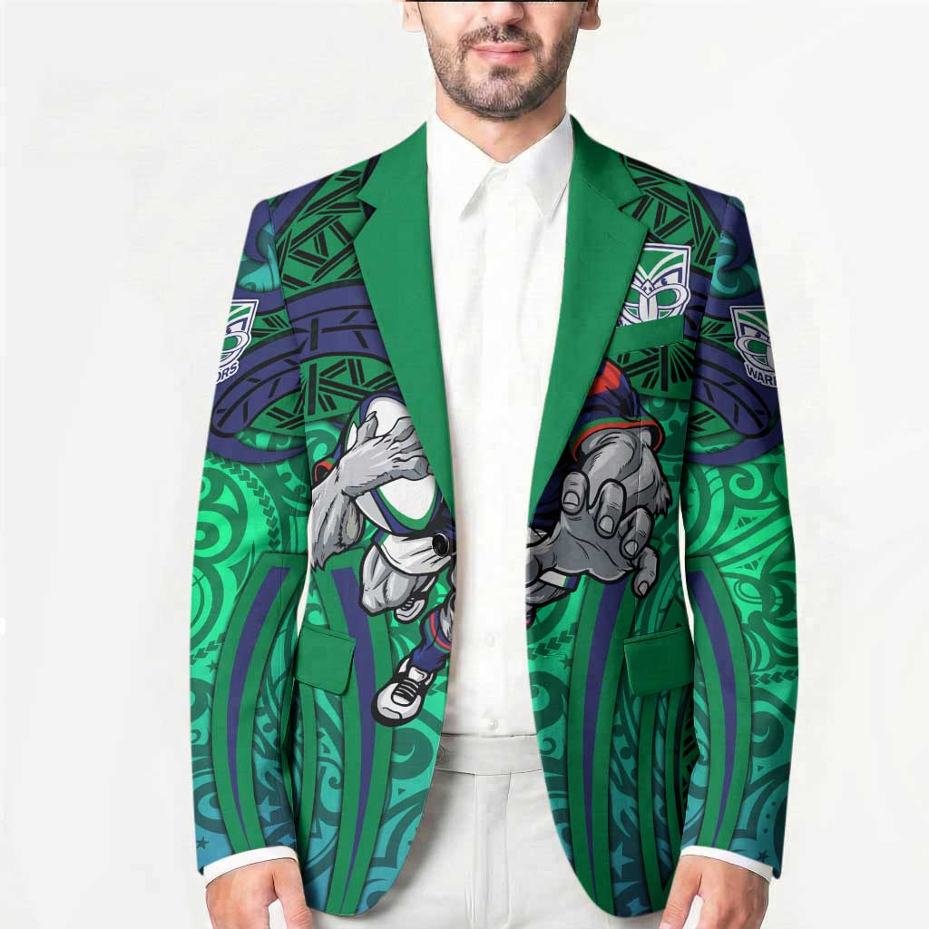 New Zealand Warriors Rugby Blazer Polynesian Tribal Warrior Mask Green Blue Pattern
