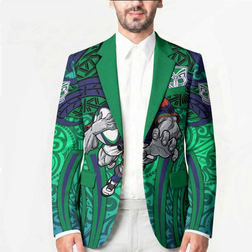 New Zealand Warriors Rugby Blazer Polynesian Tribal Warrior Mask Green Blue Pattern