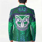 New Zealand Warriors Rugby Blazer Polynesian Tribal Warrior Mask Green Blue Pattern