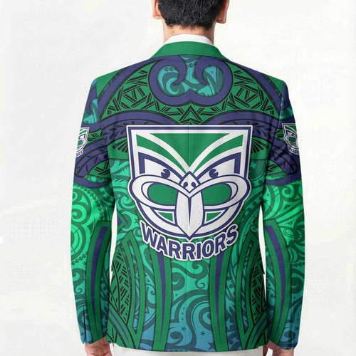 New Zealand Warriors Rugby Blazer Polynesian Tribal Warrior Mask Green Blue Pattern