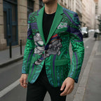 New Zealand Warriors Rugby Blazer Polynesian Tribal Warrior Mask Green Blue Pattern