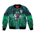 New Zealand Warriors Rugby Bomber Jacket Polynesian Tribal Warrior Mask Green Blue Pattern