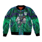 New Zealand Warriors Rugby Bomber Jacket Polynesian Tribal Warrior Mask Green Blue Pattern