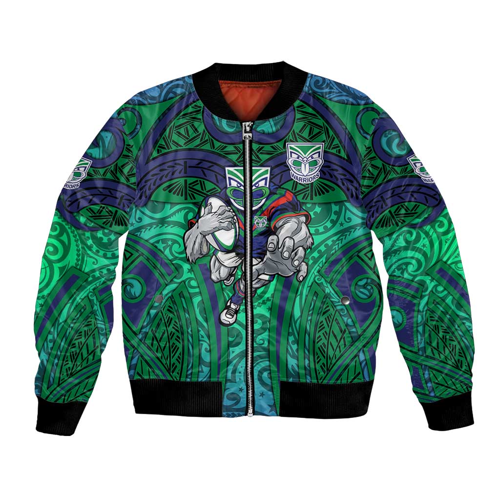 New Zealand Warriors Rugby Bomber Jacket Polynesian Tribal Warrior Mask Green Blue Pattern