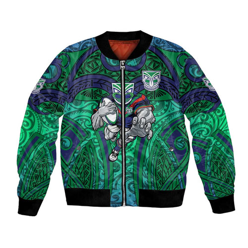 New Zealand Warriors Rugby Bomber Jacket Polynesian Tribal Warrior Mask Green Blue Pattern