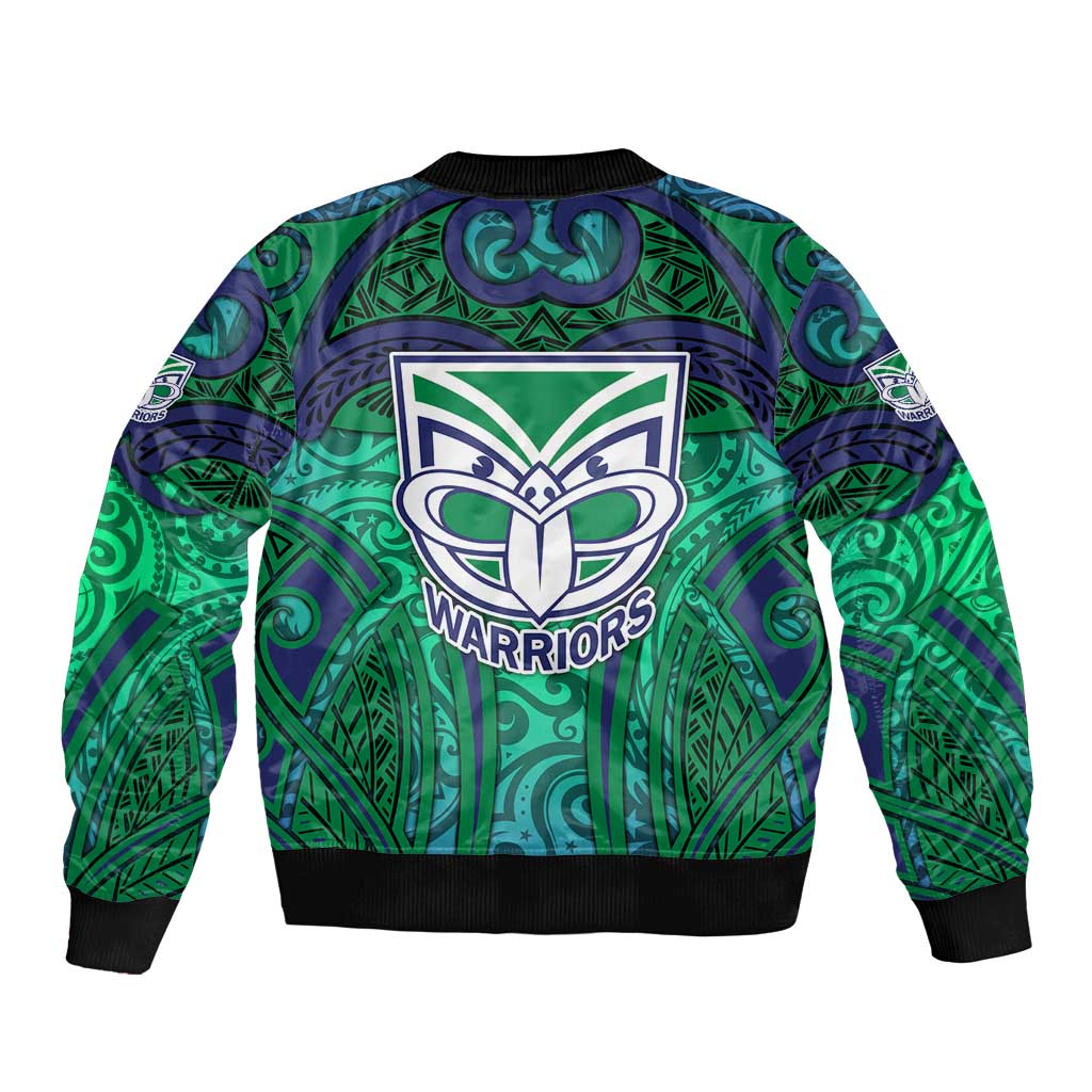 New Zealand Warriors Rugby Bomber Jacket Polynesian Tribal Warrior Mask Green Blue Pattern