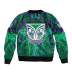 New Zealand Warriors Rugby Bomber Jacket Polynesian Tribal Warrior Mask Green Blue Pattern